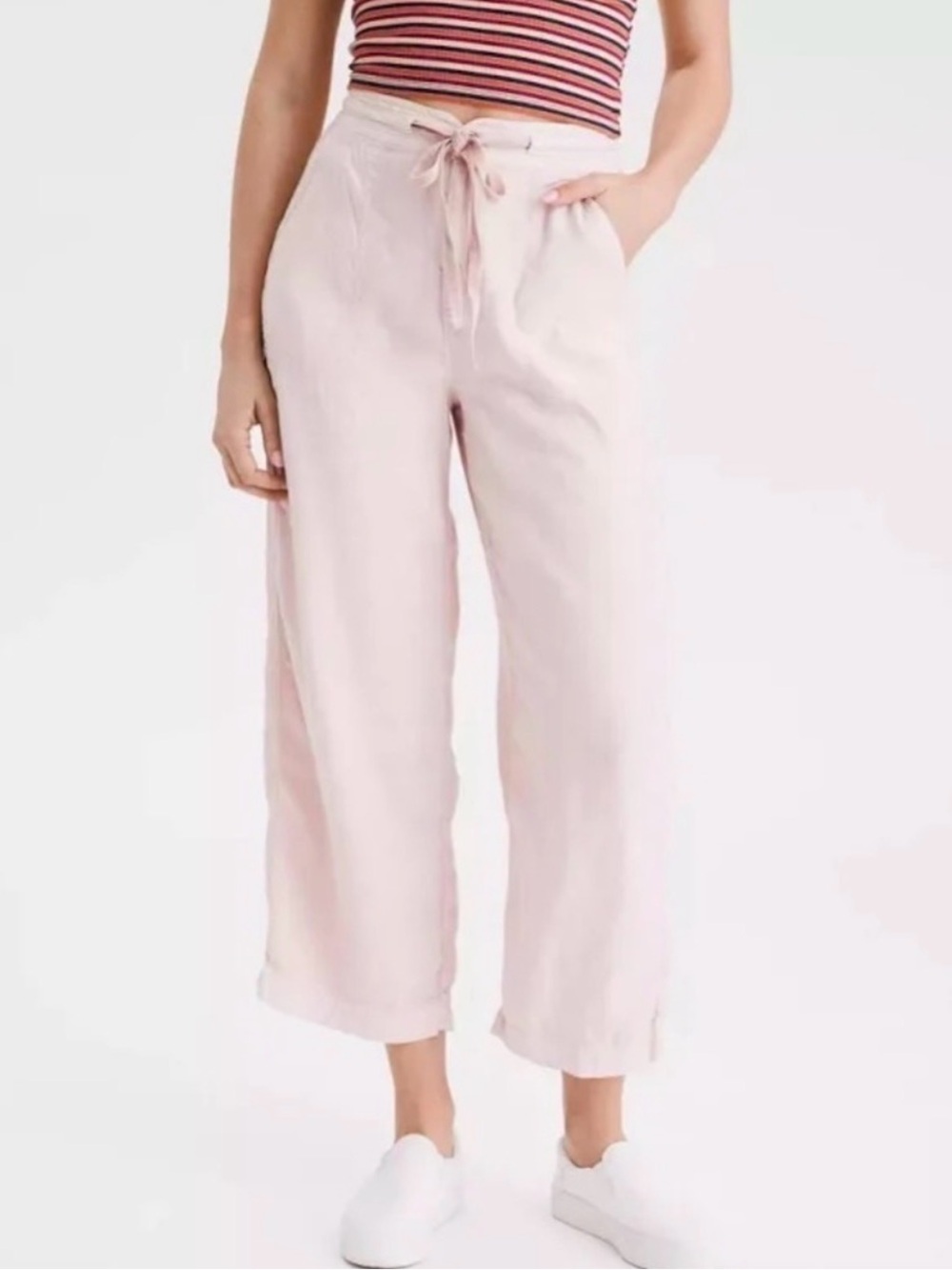 NWOT American Eagle wide leg high rise linen pant, size 4 Pink Blush
